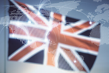 Double exposure of abstract digital world map hologram with connections on British flag and blue sky background, research and strategy concept