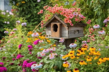 Fototapeta na wymiar view of birdhouse surrounded by colorful blooms and greenery, created with generative ai