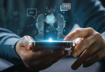 Business people use phone with digital technology future smart robot AI network bigdata, chat with AI ,network, technology transformation, Artificial Intelligence internet.Ai robot and technology