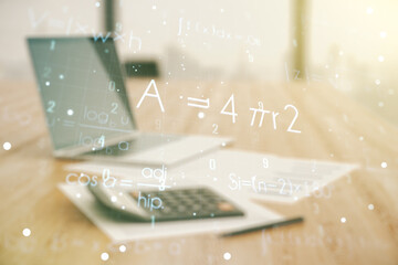 Scientific formula hologram on calculator and pc background, research concept. Multiexposure