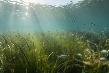 Fototapeta na wymiar tropical seagrass meadow, with schools of fish swimming among the plants, created with generative ai