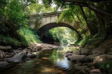 pristine natural environment, with clear and serene stream flowing under bridge, created with generative ai