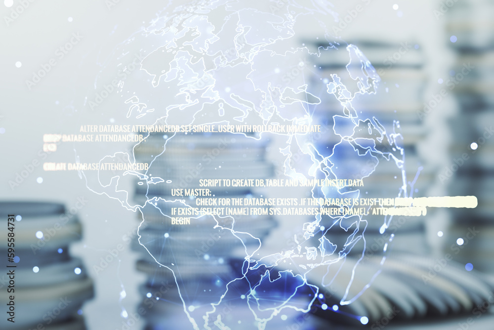 Aufkleber abstract virtual coding illustration and world map on coins background, international software devel