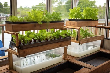 pair of aquaponics and hydroponic systems side by side, with clear distinction between the two, created with generative ai