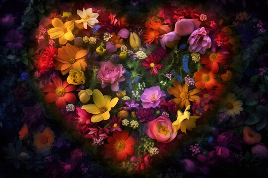 Generative AI illustrations, Bouquet of colorful flowers in the shape of a heart. Greeting card design.