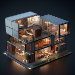 Illustration of a huge luxury house built from recycled shipping containers. Well organized to maximize space. Some of the walls were opened to show the interior of the house.