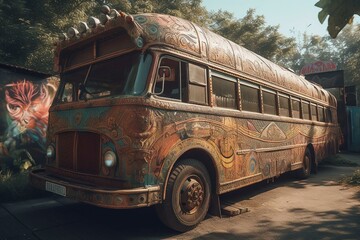 Artistic bus design with a hippy game concept. Generative AI