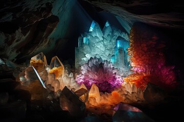 Fototapeta na wymiar intricate crystal formation in cave, reflecting light and color, created with generative ai