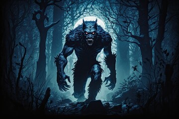 Fototapeta premium werewolf prowling through moonlit forest at night, created with generative ai