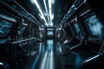 Corridor of spaceship interior bridge, polished, spotless. Generative AI