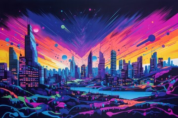 blacklight and uv-reactive painting of abstract landscape, with view onto city skyline, created with generative ai