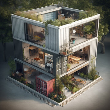 Illustration of a huge luxury house built from recycled shipping containers. Well organized to maximize space. Some of the walls were opened to show the interior of the house.