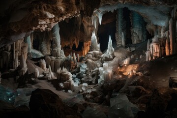 cave with glittering formations of minerals and crystals, created with generative ai