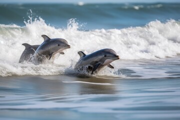 Fototapeta premium group of baby dolphins playing and jumping in the waves, created with generative ai