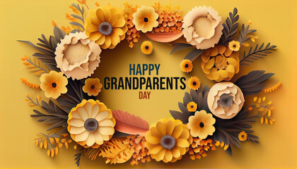 Happy Grandparents Day flowers composition. wreath made of flowers on yellow background. Generative Ai