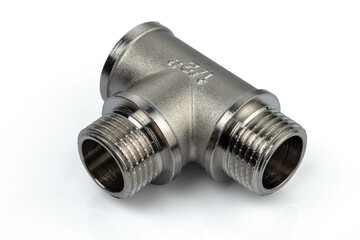 Chrome plated tee pipe fitting 1/2". Tee pipe T adapter. Isolated on white background.