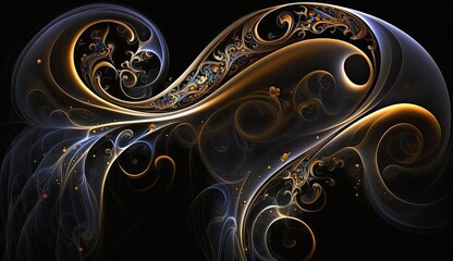 AI-generated illustration of beautiful, graceful, sensuous translucent curves and swirls in blue and gold on a black background. MidJourney.