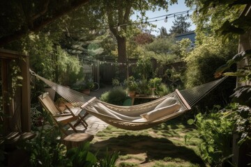 sun-drenched backyard with hammock and view of the garden, perfect for a staycation, created with generative ai