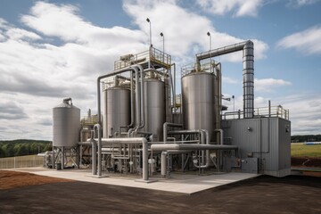large-scale bioenergy facility, with processing equipment and boilers visible, created with generative ai