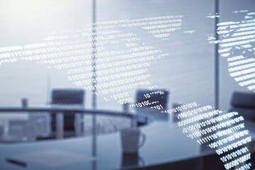 Double exposure of graphic America map hologram on a modern boardroom background, big data and digital technology concept