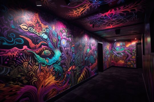 blacklight and uv-reactive mural, bringing to life the hidden details of a forgotten space, created with generative ai