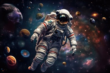 astronaut, floating in the void of space, with planets and stars visible in the background, created with generative ai