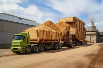 biomass being transported to energy processing plant for conversion into renewable energy, created with generative ai