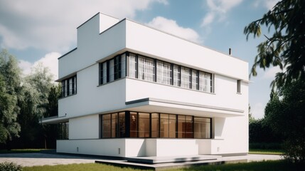 Fototapeta na wymiar Bauhaus exterior house design in daytime golden hour generatove ai