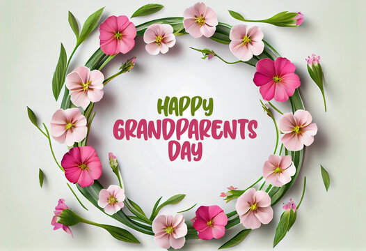 Happy Grandparents Day Decorative rounded frame made by beautiful flowers and green leaves. Generative Ai