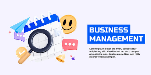 3D Business management banner. Notebook with magnifier. Marketing concept. Search for files and content in database. Project development. Cartoon creative design template poster. 3D Rendering