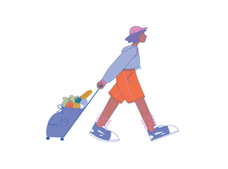 The girl is carrying a bag on wheels with Groceries. Buyer Character Illustration. Sale, fresh products, Purchase of vegetables and fruits. Vector flat illustration.