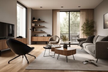 contemporary living room with white leather sofa, black accents and modern artwork, created with generative ai