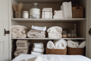 a well-organized linen closet, with neatly folded towels and sheets, created with generative ai