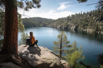 person, taking a break from the trail and enjoying the view of a lake, created with generative ai