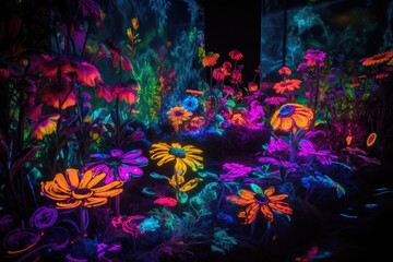 blacklight and uv-reactive garden, with flowers and herbs blooming in vibrant colors, created with generative ai
