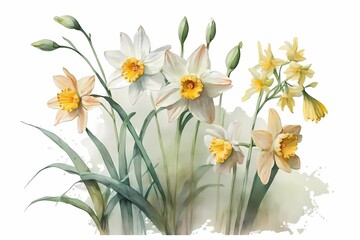 Daffodil flowers. Narcissus flower in bloom, blossom in white and yellow color. Watercolour illustration, drawing isolated on white background. Generative Ai.
