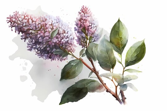 Beautiful lilac flower branch. Syringa vulgaris flowers in bloom, blossom in purple and violet color. Watercolor illustration, drawing isolated on white background. Generative Ai.