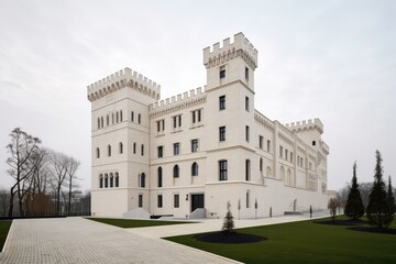 Fototapeta na wymiar a modern building with sleek lines and minimal details contrasted against a classic castle with intricate carvings, created with generative ai