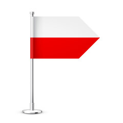 Polish table flag on a chrome steel pole. Souvenir from Poland. Desk flag made of paper or fabric and shiny metal stand. Mockup for promotion and advertising. Vector illustration