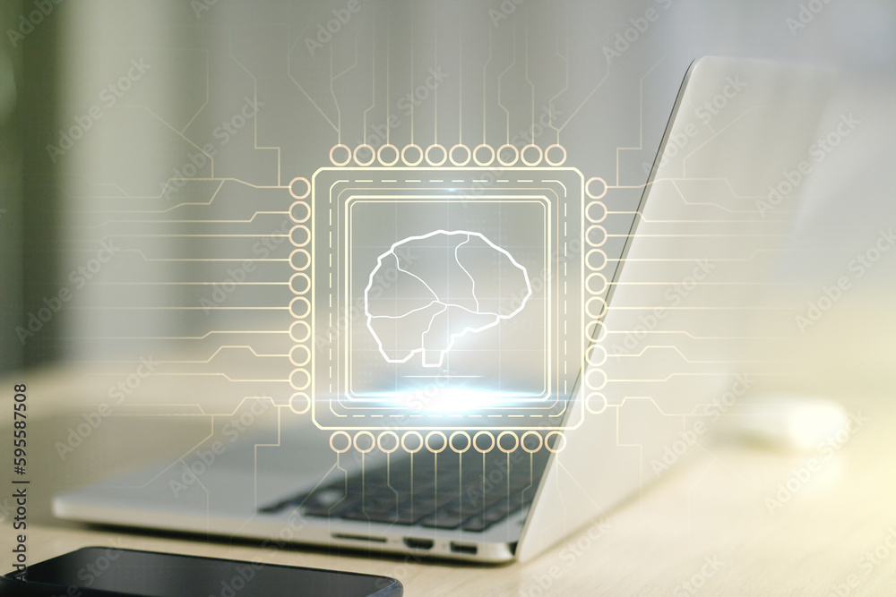 Aufkleber double exposure of creative human brain microcircuit with computer on background. future technology 