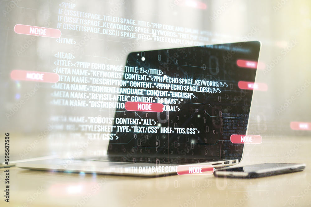 Poster multi exposure of abstract software development hologram on laptop background, research and analytic
