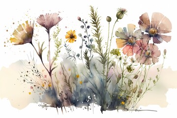 Meadow flower, wild flowers. Watercolor illustration, drawing isolated on white background. Generative Ai.