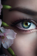 Fototapeta premium Woman close up eye, clean skin, make up cosmetic, spring concept, generative ai.