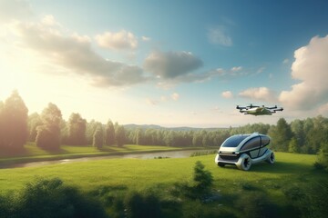 autonomous vehicle and drone flying over lush green landscape, created with generative ai