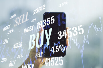 Multi exposure of abstract financial diagram and hand with cellphone on background, banking and...