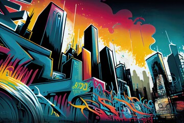graffiti art depicting vibrant cityscape, with skyscrapers in the background, created with generative ai - obrazy, fototapety, plakaty