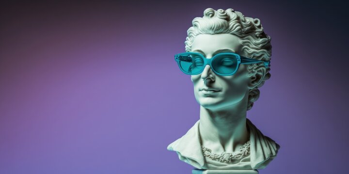 antique white bust in colored glasses on a plain empty background