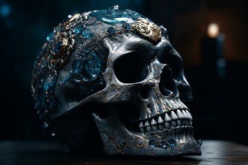 A skull adorned with dark crystal armor. Generative AI