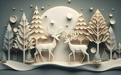Paper art ilustration of christmas background with reindeers and christmas pine trees