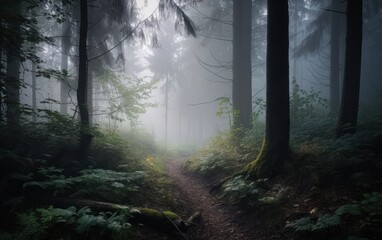 Old forest with a path and in the fog